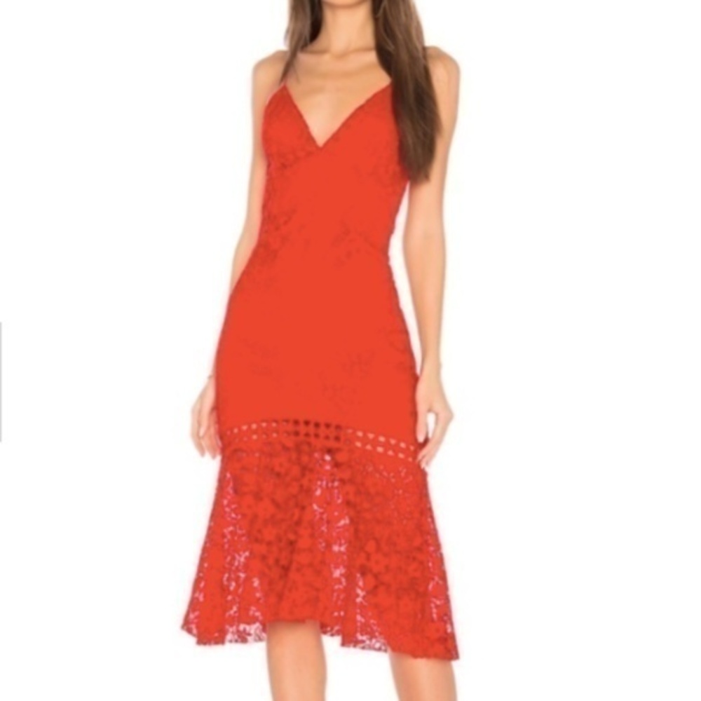 Karina Grimaldi Red Lace Diana Flounce Midi Sexy Party Cocktail Dress